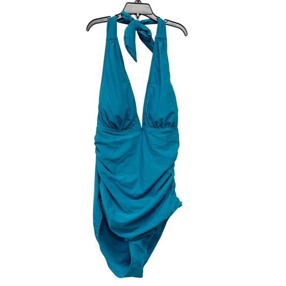 Cupshe Women's Teal V Neck Halter Backless Ruched One Piece Swimsuit Size XL - Picture 1 of 7